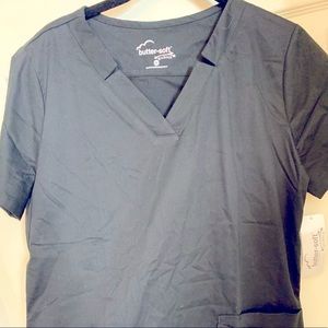 Scrub top black with notch detail Size M
